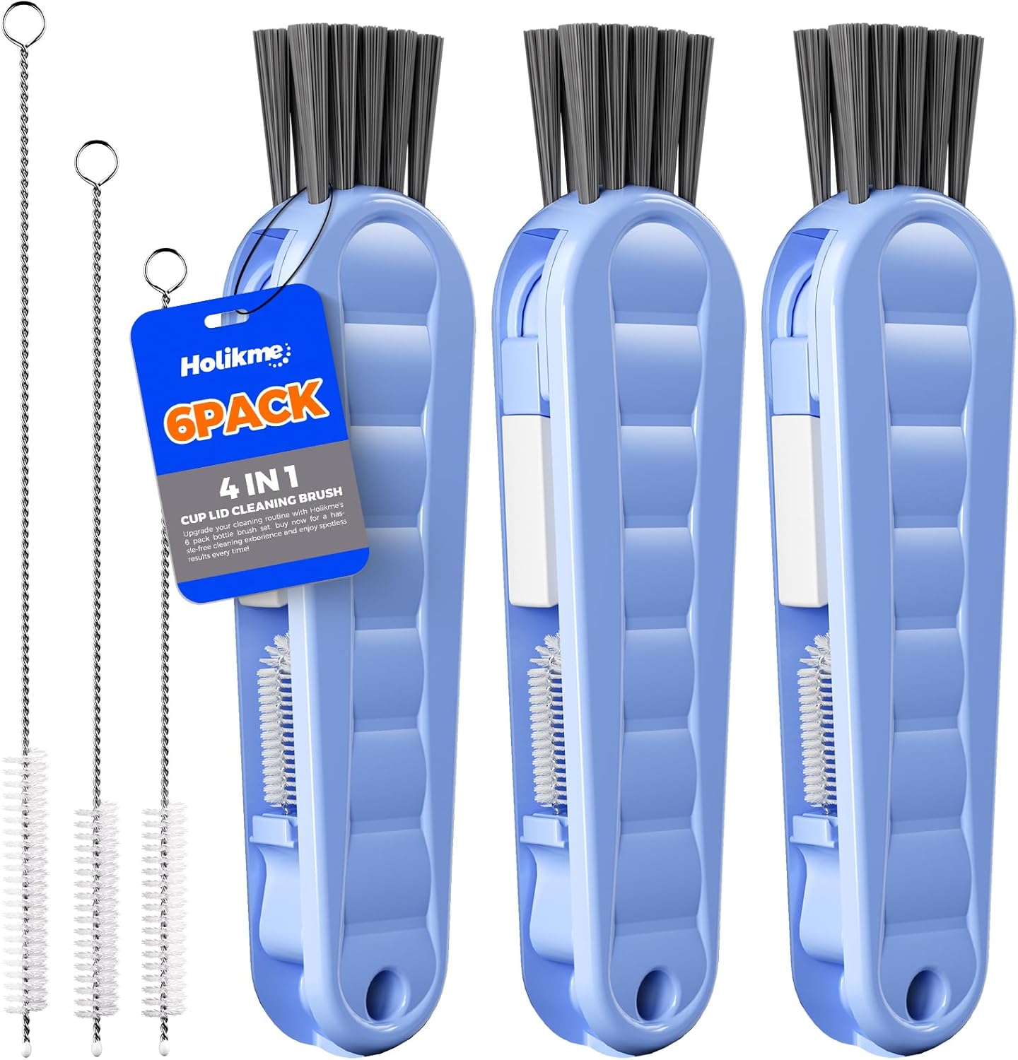 6 PACK Holikme 4 in 1 Cup Lid Cleaning Brush Set with 3 Straws, Multifunctional Bottle Brush, Silicone Cup Lid Gap Cleaner, Durable Bristle Crevice Cleaning Brush,Flat End Brushes,Navy & Black & Olive