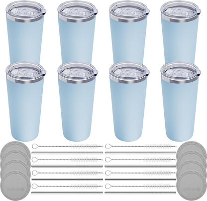 GGQ 20oz Travel Coffee Tumbler Food-Grade 304 Stainless Steel Vacuum Insulated Double Wall Leak-Proof Lid Reusable Straw Hot and Cold Drinks Cup Holder Friendly (Light Blue)