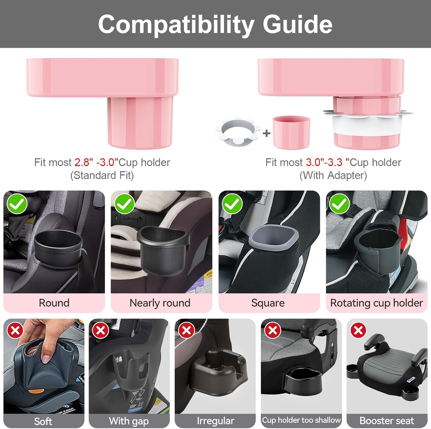 Car Seat Snack Tray for Toddlers - 3 Inch Cup Holder Fits Most Sippy Cups & Straw Bottles with Dip Well, Mess-Free Square Kids Travel Tray Road Trip Essentials, Black