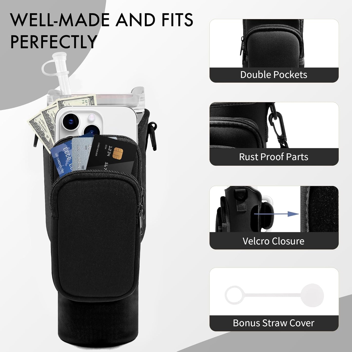 JEBEALUO Water Bottle Carrier Bag with Phone Pocket for Stanley Cup 40/30 oz, Water Bottle Holder with Adjustable Strap& Straw Cover, Stanley Cup Accessories