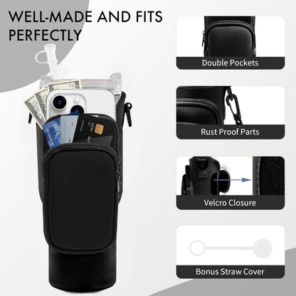 JEBEALUO Water Bottle Carrier Bag with Phone Pocket for Stanley Cup 40/30 oz, Water Bottle Holder with Adjustable Strap& Straw Cover, Stanley Cup Accessories