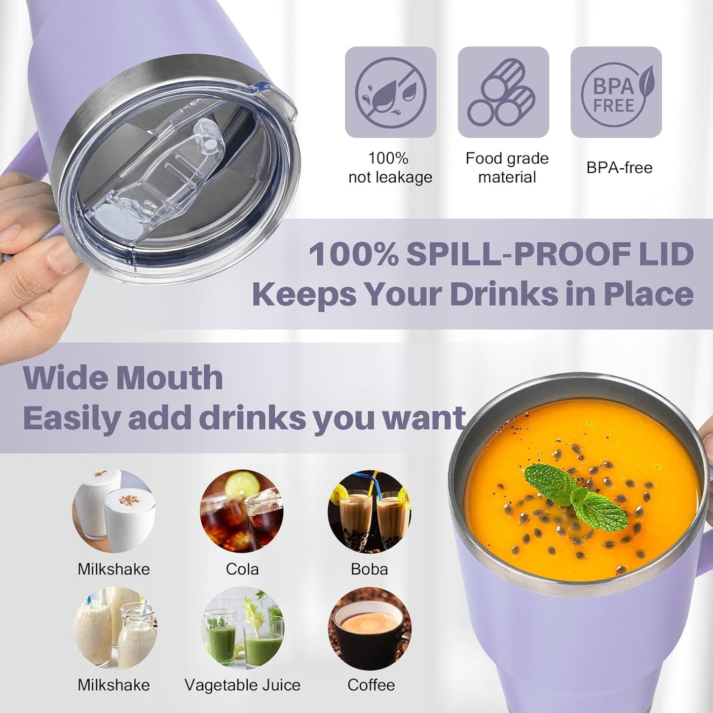 40 oz Tumbler with Handle, Insulated Tumbler with Lid and Straw, Reusable Stainless Steel Vacuum Insulated Cup, 100% Leak Proof Thermal Travel Coffee Mug Cup for Cold and Hot (Light Purple)