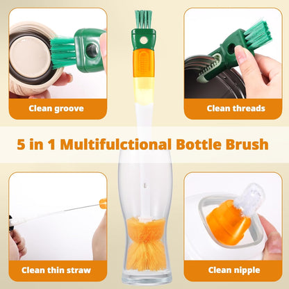 OUTXE 5 Pack Bottle Brush Set, 5-in-1 Water Bottle Cleaner Brush, 15"" Long Handle Bottle Cleaning Brush, 3 Straw Brush, Removable Nipple Brush, Detail Brush for Cup Lid Gap, WBBSBLB5