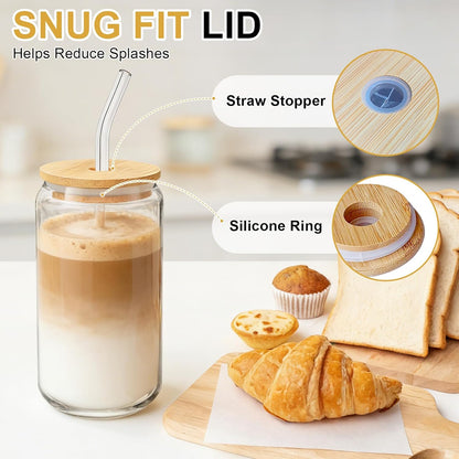 Glass Cups with Lids and Straws 1Pack,Glass Coffee Cups,Glass Cup with Lid for Iced Coffee,Smoothie,Cocktail,Beer,Whiskey,Soda,Matcha,16 Oz Glass Cup with Bamboo Lid,1 Brush