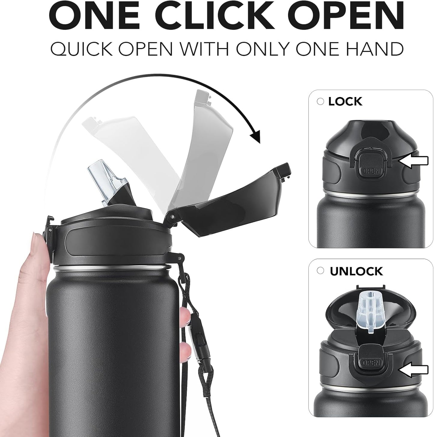 Enerbone 24 oz Insulated Water Bottle, Stainless Steel Bottle with Carrying Strap, Double-Wall Vacuum Insulation Design, Leakproof Sports Bottle with Straw, Keep Drinks Cold or Hot for Hours