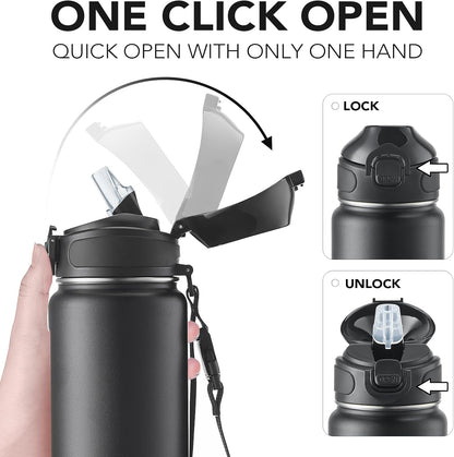 Enerbone 24 oz Insulated Water Bottle, Stainless Steel Bottle with Carrying Strap, Double-Wall Vacuum Insulation Design, Leakproof Sports Bottle with Straw, Keep Drinks Cold or Hot for Hours