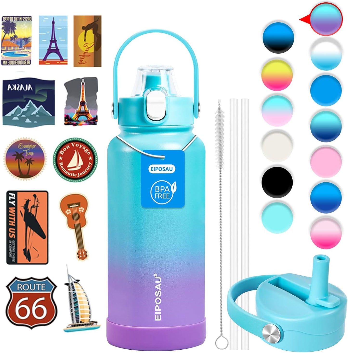 Insulated Water Bottle with Lid & Boot & Stickers, 24 oz Stainless Steel Sweat Free Bottle Keep Cold 24H, BPA-Free Sports Wide Mouth Water Bottle, BlueBlack