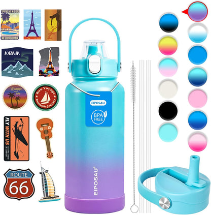 Insulated Water Bottle with Lid & Boot & Stickers, 24 oz Stainless Steel Sweat Free Bottle Keep Cold 24H, BPA-Free Sports Wide Mouth Water Bottle, BlueBlack