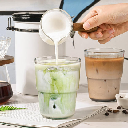 13oz Iced Coffee Cups,2Pcs Glass Cups with Lids and Straws Drinking Glasses,Clear Ribbed Glassware,Reusable Tumbler Glass to Go Cup for Matcha, Iced Tea,Juice