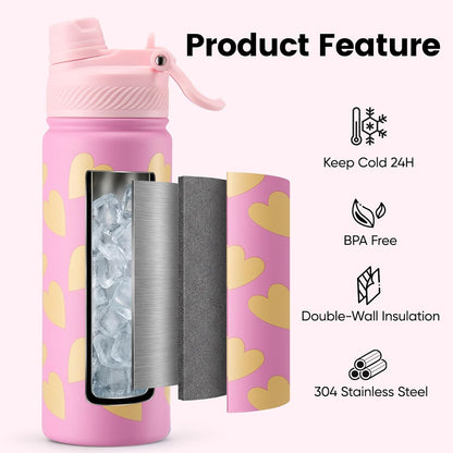 Fijinhom 18 oz Insulated Water Bottle, 2-in-1 Straw and Spout Lid Stainless Steel Thermos, Leak-Proof, Double Wall Vacuum Flask, Keep Cold 24H for Outdoor, Sports, Travel, School (Black)