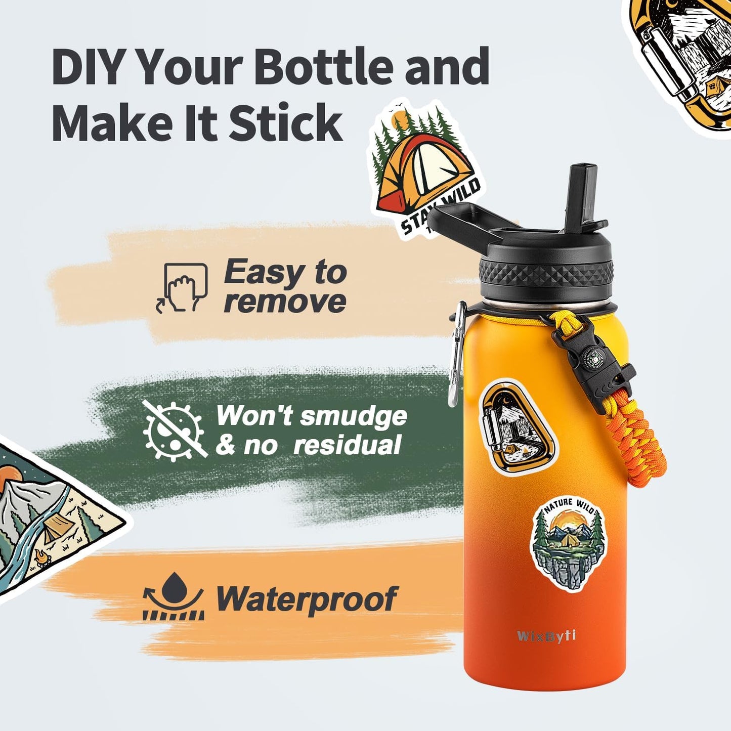 WixByti 40 oz Insulated Water Bottle with Straw (Cold for 36 Hrs), Stainless Steel Triple Wall Vacuum Sports Water Jug, Leakproof Hydro Cup Flask with Paracord Handle & Straw Spout Lids & DIY Stickers