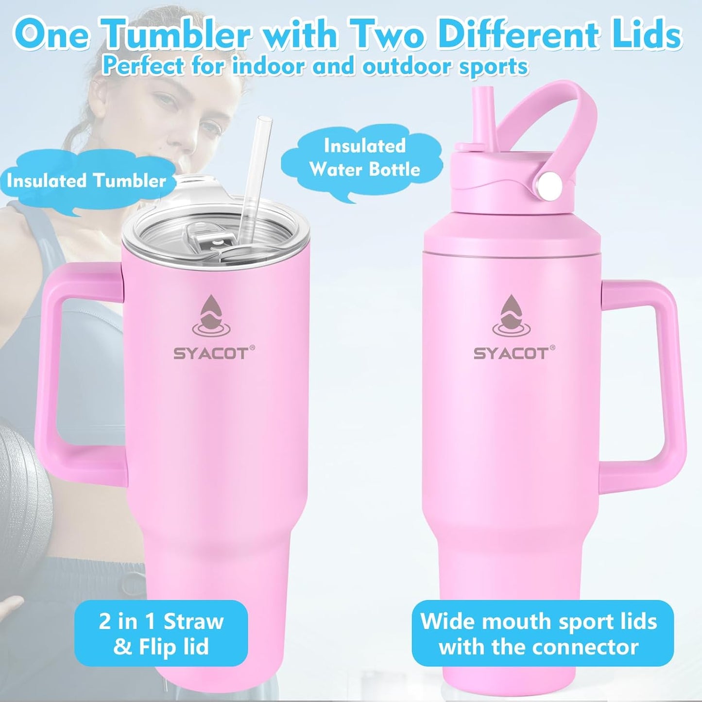 40 oz Tumbler with Handle and Straw or Convert to 40 oz Insulated Water Bottle Fits in Cup Holder. Stainless Steel Metal Water Flask with 2 Lids for Travel,Camping,Gym Sports Coffee Mug Thermal Cup