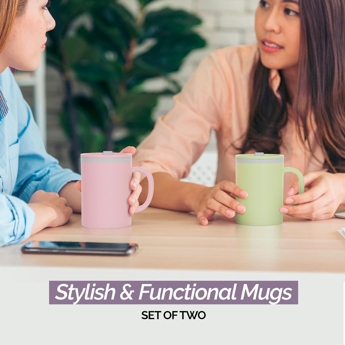Copco Iconic 16oz Double Wall Insulated Desk Mug with Lid & Handle, Set of 2, BPA-Free Reusable Plastic, Spill-Resistant, Microwave & Dishwasher Safe, Wide Mouth (Grey)