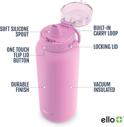 Ello Cooper 22oz Stainless Steel Water Bottle with Straw and Carry Handle, Double Walled and Vacuum Insulated Metal, Leak Proof Locking Lid with Soft Silicone Spout, Reusable, BPA Free, Lilac