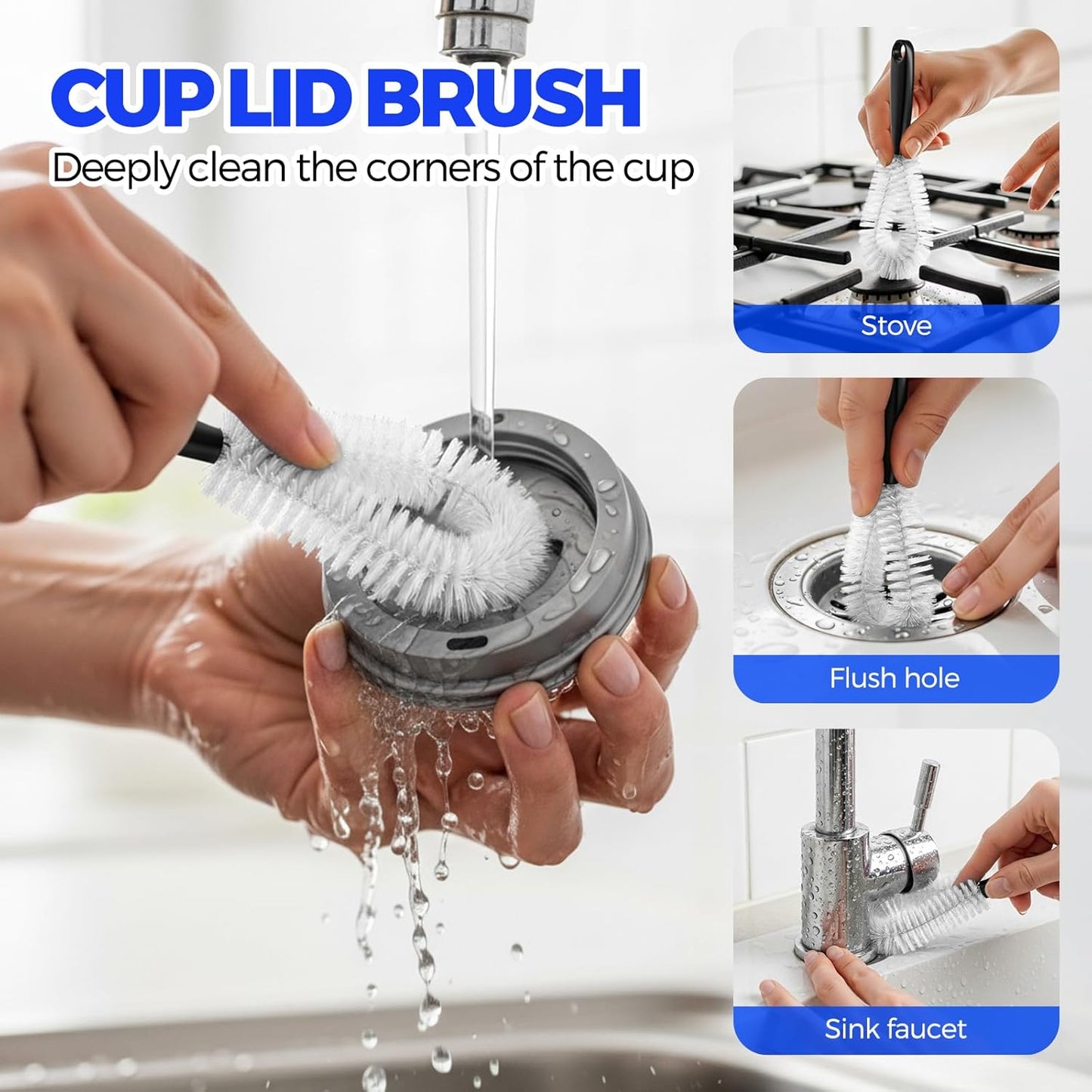 Holikme 4 Pack Bottle Brush Set, 14.5" Long Handle Stainless Steel Bottle Cleaner Brush, Long-Handled 4-in-1 Stainless Steel Bottle Brushes for Water Bottle, Cups, Abrasive Wheel Brushes, Blue