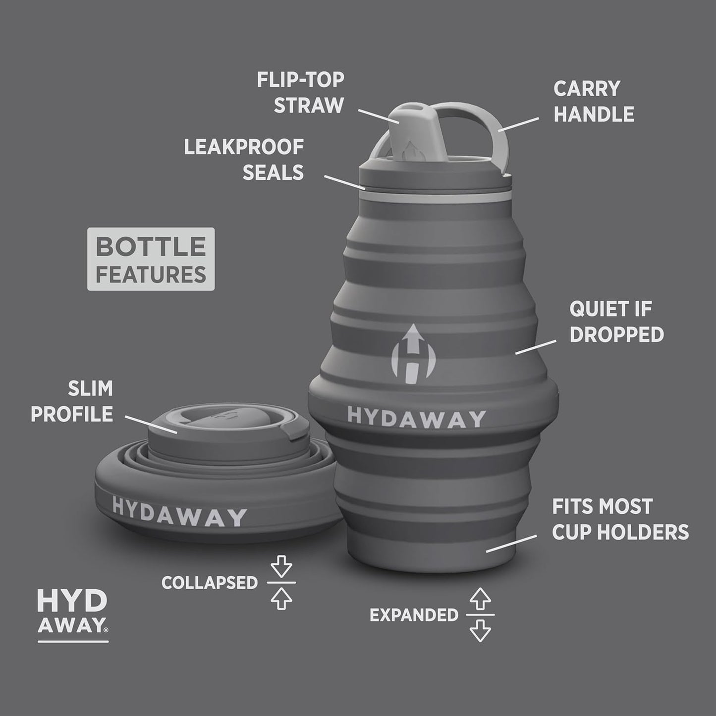 HYDAWAY 17oz Travel Collapsible Water Bottle - BPA-Free, Leakproof, Lightweight, Space-Saving
