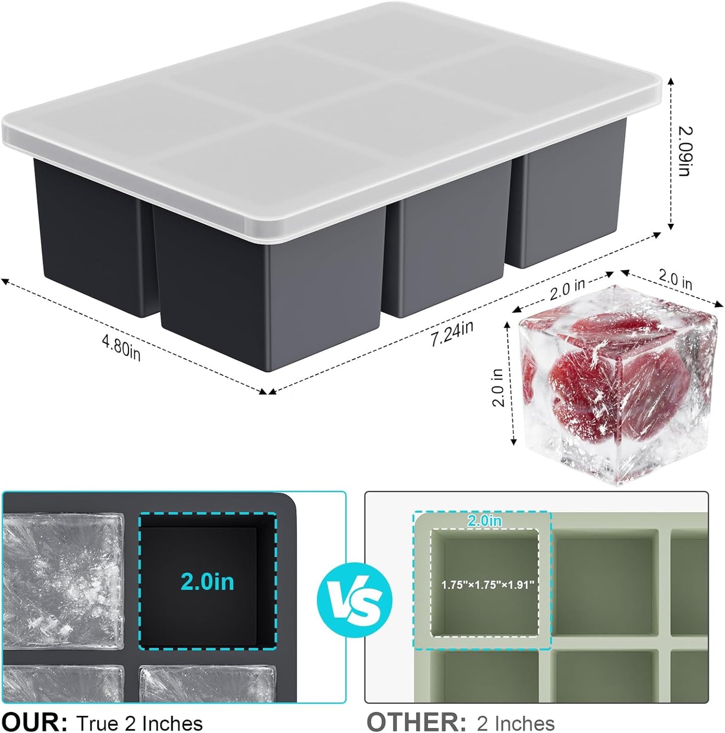 Large Ice Cube Tray for Whiskey: 2" Big Silicone Ice Tray with Lid for Whisky - 3Pack Old Fashioned Ice Cube Trays for Cocktail - Huge Square Cubed Bourbon Ice Cube Maker