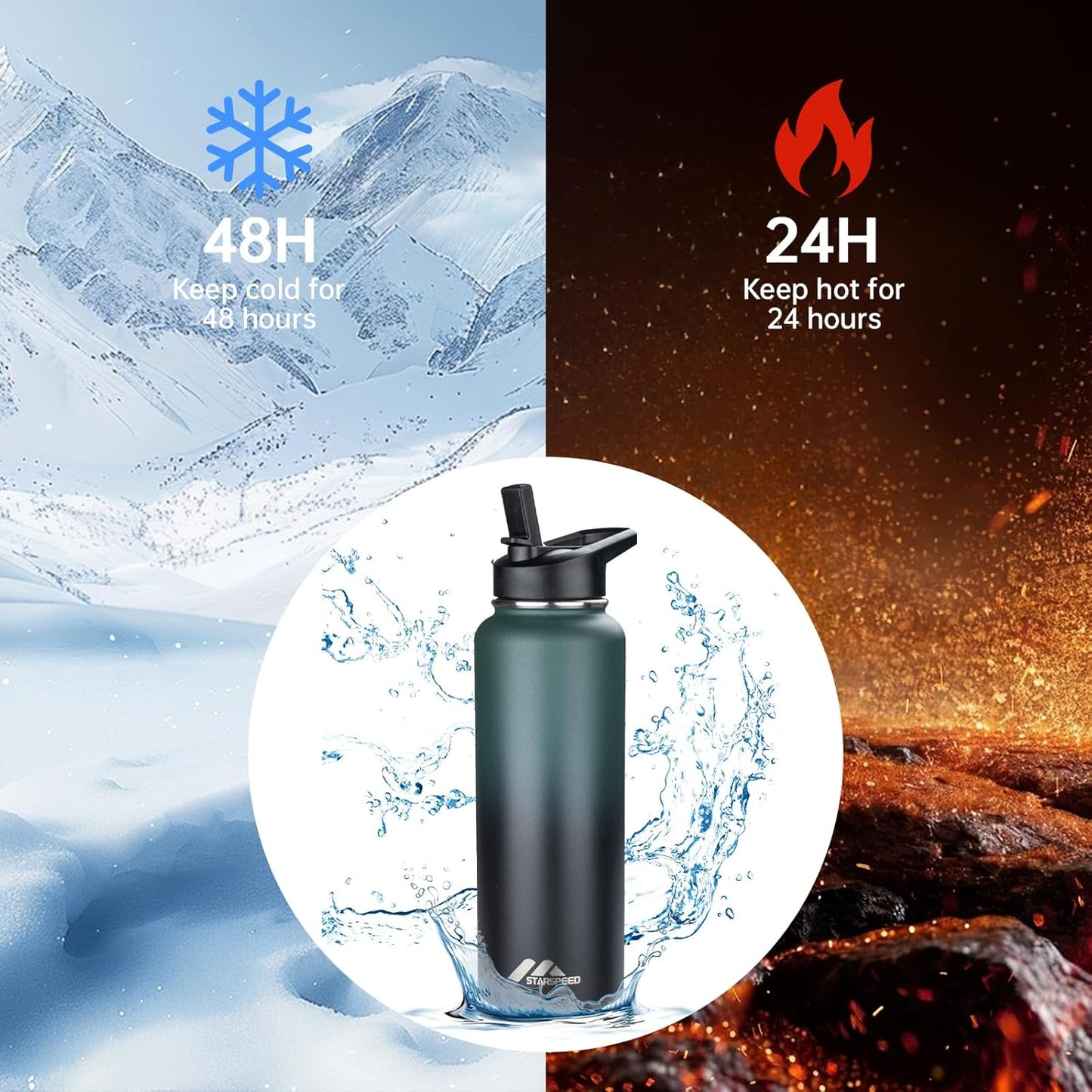 StarSpeed 32oz Insulated Water Bottle with Straw Lid, Stainless Steel Double Walled Vacuum Water Flask, Wide Mouth Sports Water Bottle for Gym Camping Hiking, Indigo Black