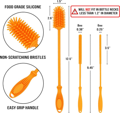 Kitchiny Silicone Bottle Brush with 2 Straw Cleaners - 12.5” Water Bottle Cleaner Brush for Yeti, Hydro Flask, Owala, Stanley, Baby Bottles, Glassware, Vases & Narrow Neck Containers - Orange