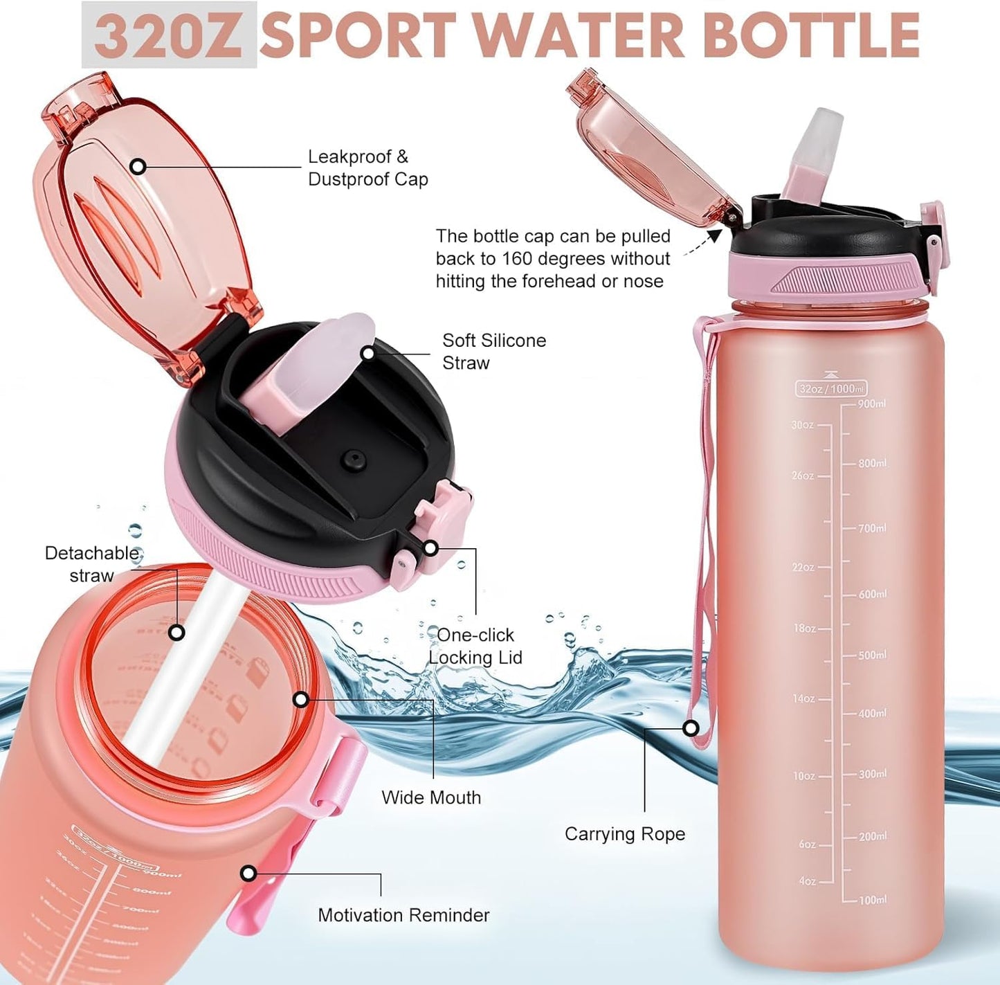 Water Bottle with Straw 1L,Boys Water Bottles with Straw 1 Litre,Waterbottle Leak-Proof Sports Water Bottle,Plastic Drinks Bottles Toxin Free，Bpa-Free (Cyan Black)