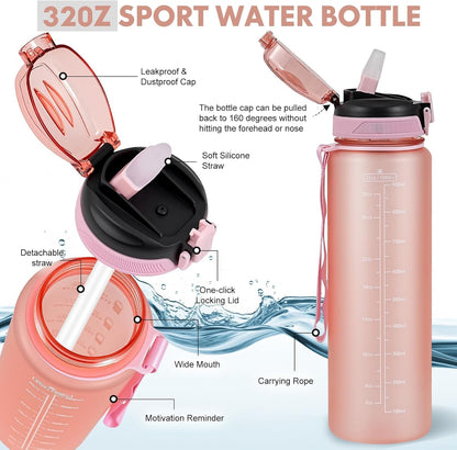 Water Bottle with Straw 1L,Boys Water Bottles with Straw 1 Litre,Waterbottle Leak-Proof Sports Water Bottle,Plastic Drinks Bottles Toxin Free，Bpa-Free (Cyan Black)