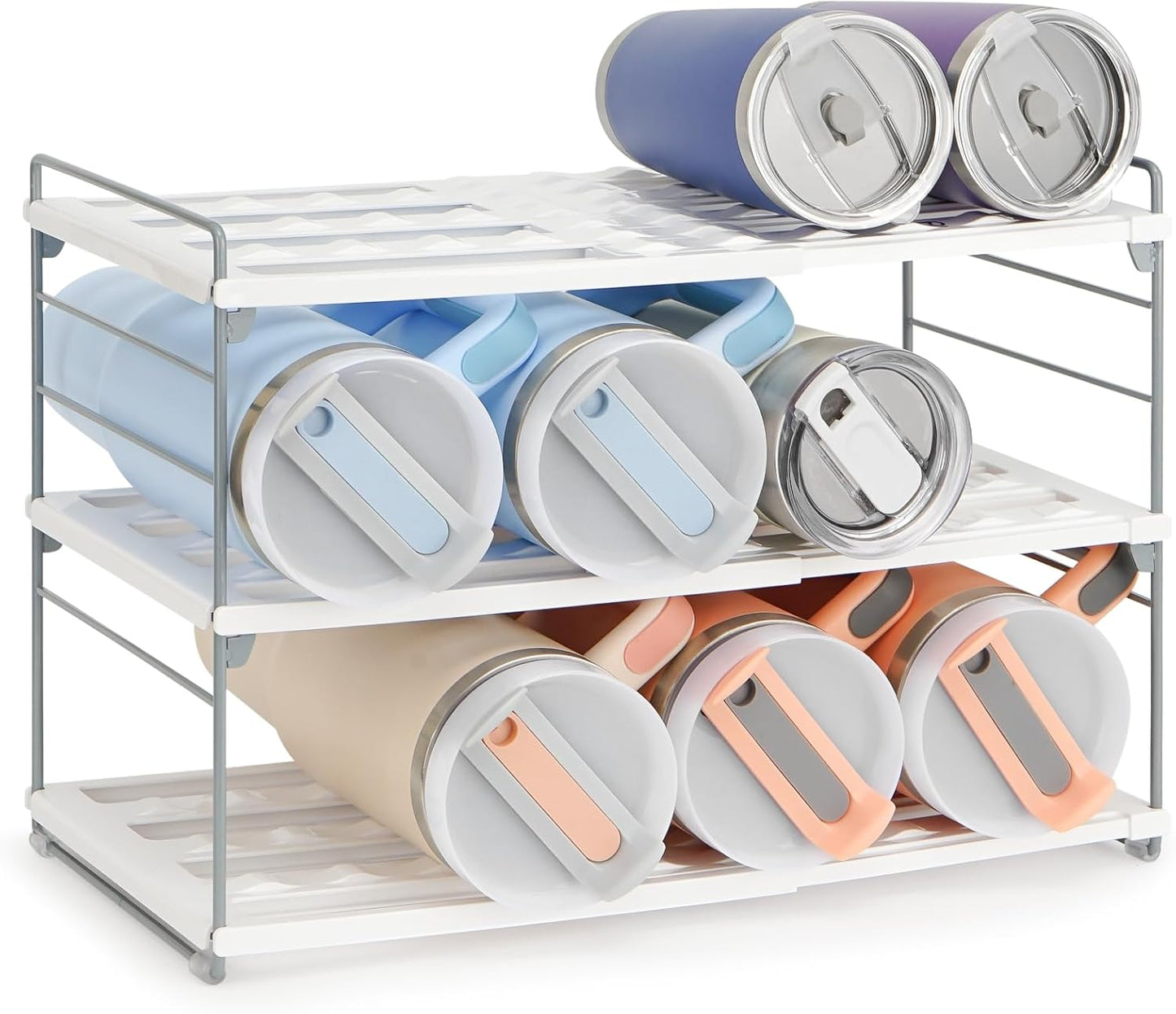 10.6-16.7" Adjustable Width Water Bottle Organizer for Cabinet, 3-Tier Expandable Water Bottle Holder Rack, Cup and Tumbler Storage for Kitchen Organization, Sports Flask, Insulated Travel Mug, Fridge