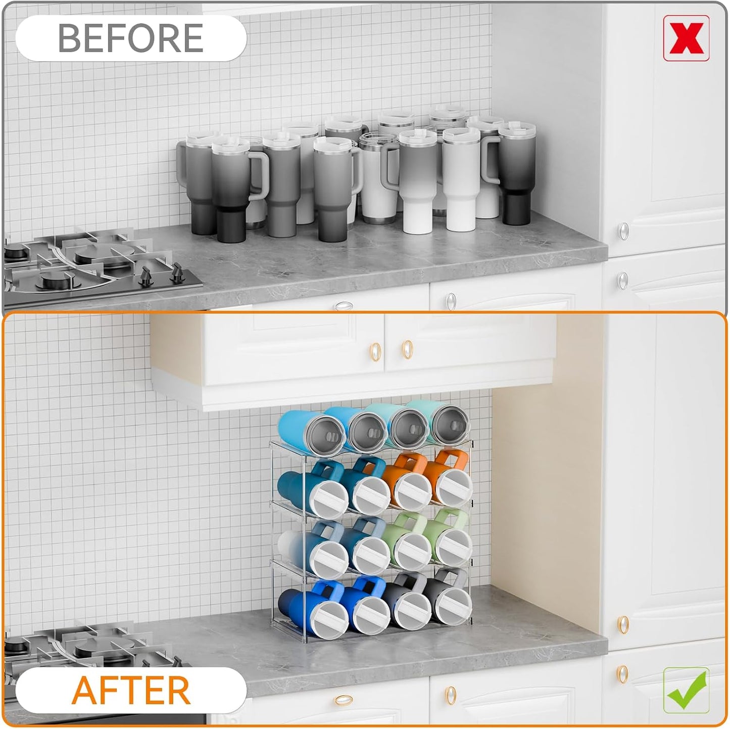 Yieach Larger Compartments Stackable Water Bottle Organizer for 40 oz Stanley Cup Holder,Yeti and Other Tumbler Organizer,3 Tier Wine Rack and Waterbottle Storage Rack for Kitchen Cabinets,Countertop