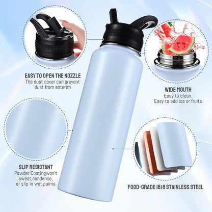 Insulated Water Bottles with Straw 40 oz Leak Proof, Vacuum Insulated Stainless Steel Sport Tumbler with 3 Lids Straw, Spout and Handle Lid for Sports, Gym or Office,Hot Pink