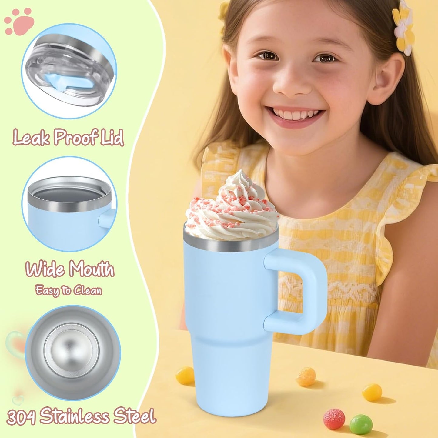 Cosictic 14 Oz Flip Straw Tumbler with Handle for Kids, Stainless Steel Double Wall Insulated Cup for Children with Flip Top Lid, 14 Oz Leak-proof Cups for Kids, Sky Blue and Purple