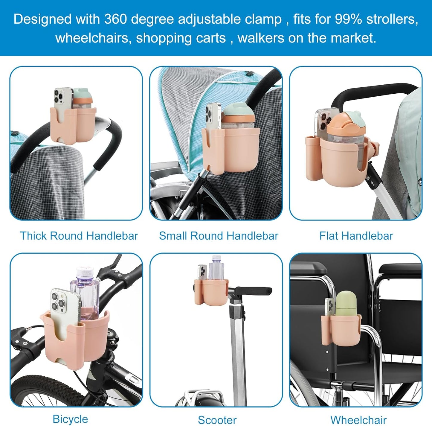 Accmor Stroller Cup Holder with Phone Holder, Bike Cup Holder, Universal Cup Holder for Uppababy Nuna Doona Strollers, 2-in-1 Cup Holder for Walker, Wheelchair, Scooter - Colors A