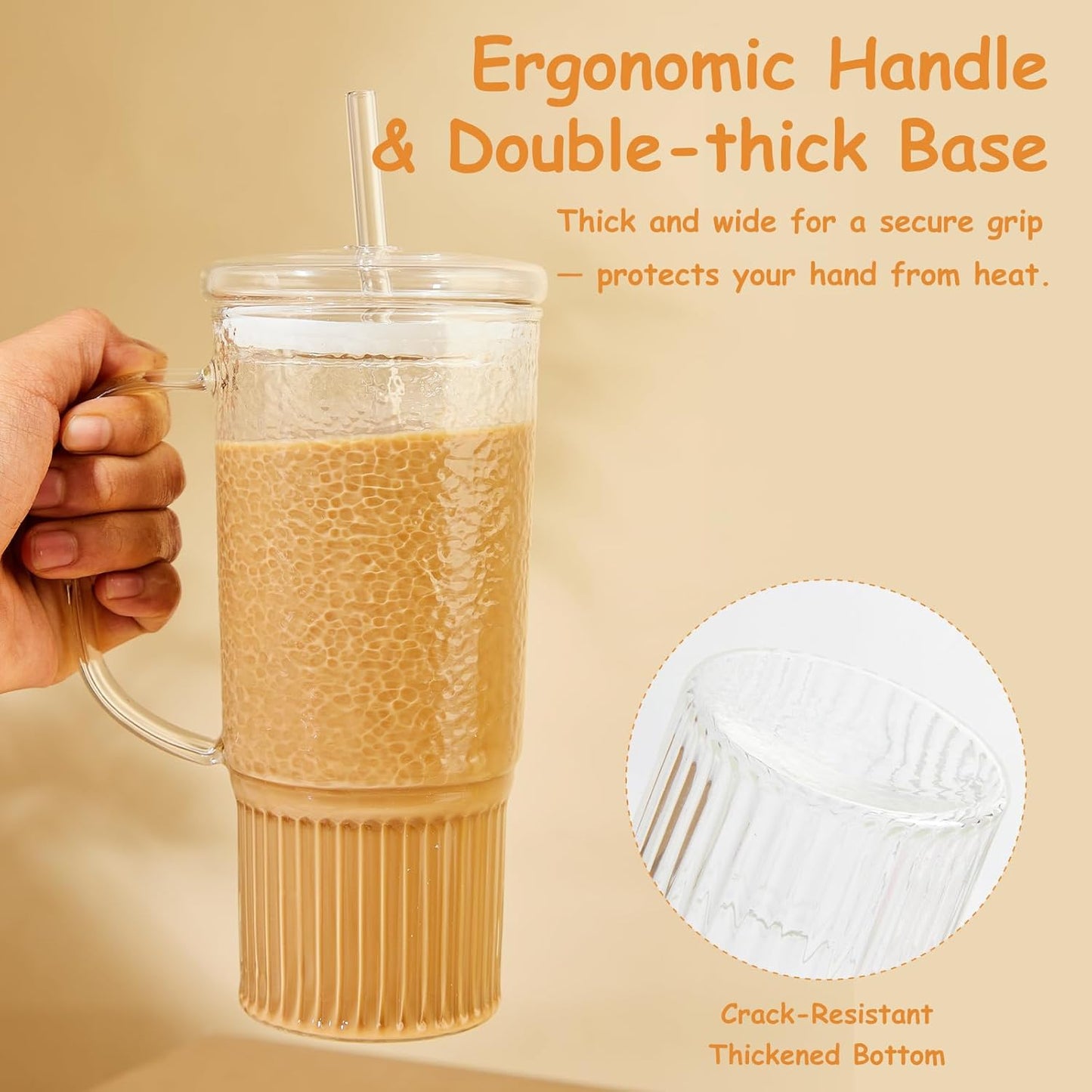 JunVpic Glass Cups with Lids and Straws,24oz Glass Tumbler with Handle Iced Coffee Cup for Coffee,Juice,Tea,Milk,Smoothie,Hot & Cold Drinks (Pink)