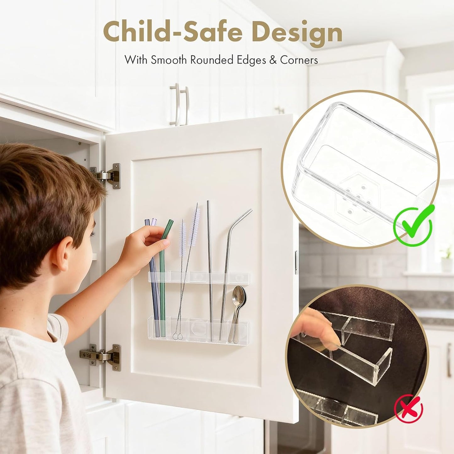 Acrylic Straw Holder for Cabinet Door - Child-Safe Organizer & Dispenser with Smooth Rounded Edges for Kitchen Accessories Storage, Adhesive Circles Included (Clear Transparent)