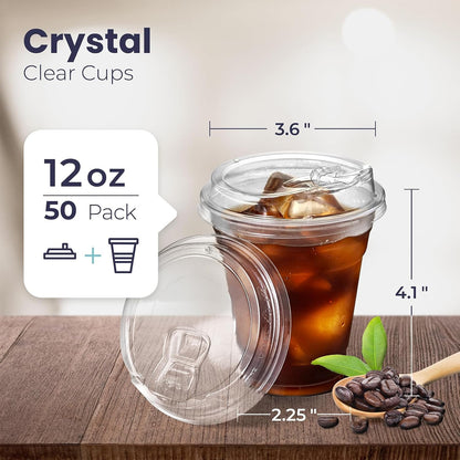 Fit Meal Prep 50 Pack 32 oz Clear Plastic Cups with Strawless Sip Lids, Disposable Plastic Coffee Cups with Lids, To Go Cups for Iced Coffee, Smoothies, Soda, Party Drinks, Bubble Tea, Cold Beverage