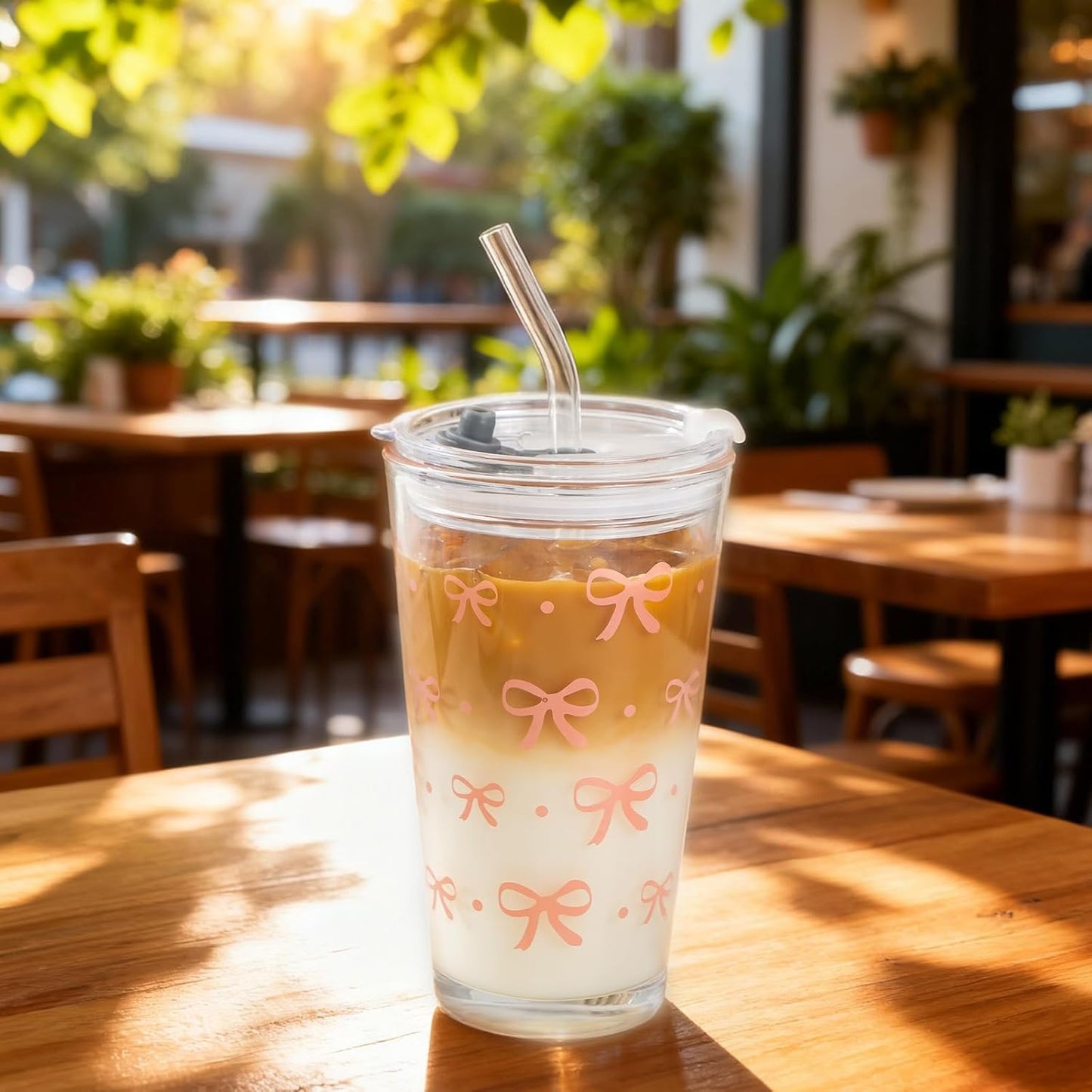 Olvini 15oz Glass Tumbler with Straw and Lid, Cute Iced Coffee Cups, Aesthetic Glass Cups, Coffee Tumbler, Water Cup, Matcha Cup, Drinking Glasses (Clear)