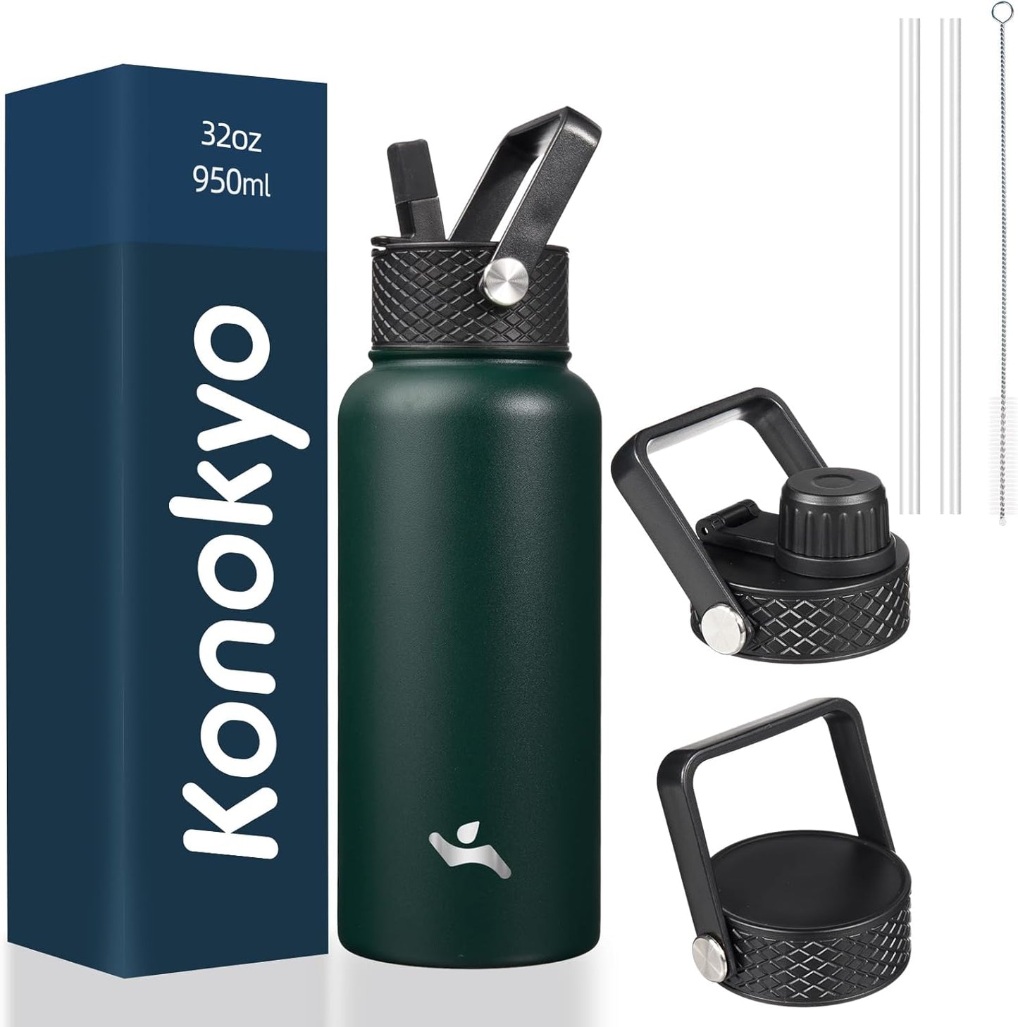 Konokyo 22oz Stainless Steel Bottles with 3 Lids Sport Insulated Water Bottle,Mint