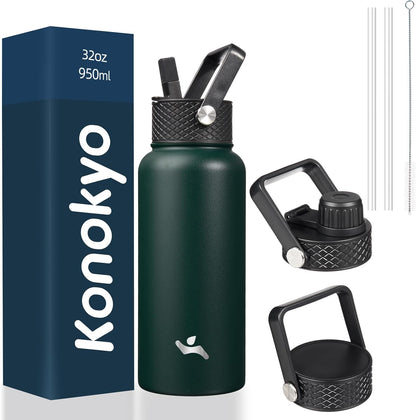 Konokyo 22oz Stainless Steel Bottles with 3 Lids Sport Insulated Water Bottle,Mint