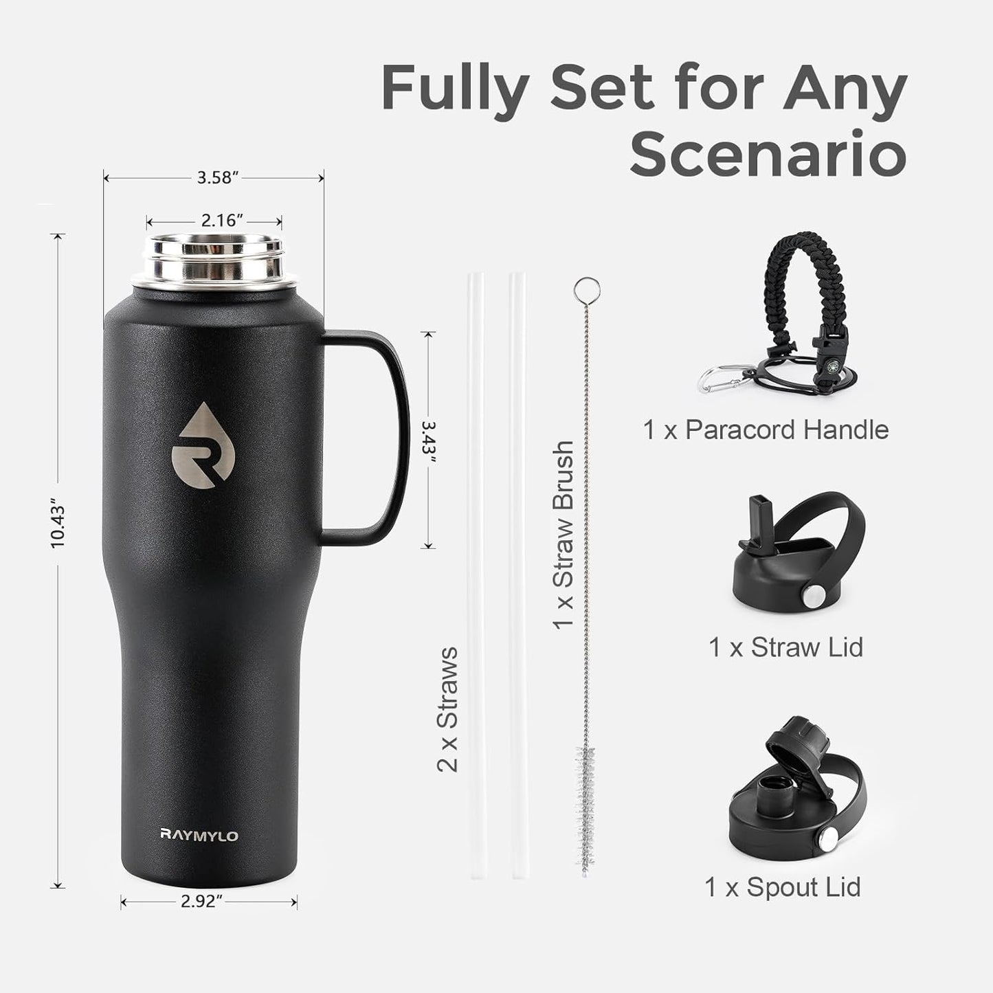 RAYMYLO 40 oz Insulated Water Bottle with Straw fit in Car Cup Holder, Triple Wall Vacuum Stainless Steel(Cold 48 hrs, Hot 24 hrs), Leakproof & Non-BPA, Hydro Travel Flask with Straw and Spout Lid