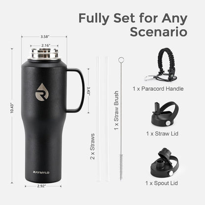 RAYMYLO 40 oz Insulated Water Bottle with Straw fit in Car Cup Holder, Triple Wall Vacuum Stainless Steel(Cold 48 hrs, Hot 24 hrs), Leakproof & Non-BPA, Hydro Travel Flask with Straw and Spout Lid