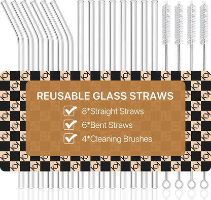18-Pack Glass Straws, Reusable Clear Glass Drinking Straws Set, 8.5 Inch x 10mm - Includes 8 Straight and 6 Bent with 4 Straw Cleaner Brush, Perfect for Smoothies, Milkshakes, Juice, Tea