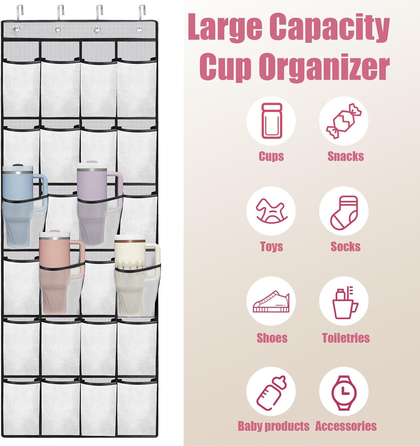 Stanley Cup Organizer - 24 Pocket Large Capacity Holder, Portable Foldable Hanging Bag for Cabinet, Wall, Door, RV - Kitchen Storage Accessories