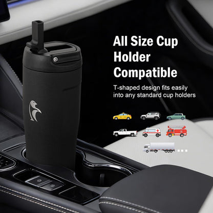 Coolflask Water Bottle 40 oz Fits Car Cup Holder, Slim Tumbler Stainless Steel with Straw & Handle, Vacuum Flask Leakproof Wide Mouth for Travel Sports Gym, Black