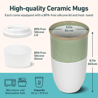 NOVA CERAMICS Coffee Tumbler – Travel Mug - On the Go Coffee Mug – Microwave & Dishwasher Safe Green Coffee Tumbler - Gifts For Women Men Him Her – 16oz – Monsoon