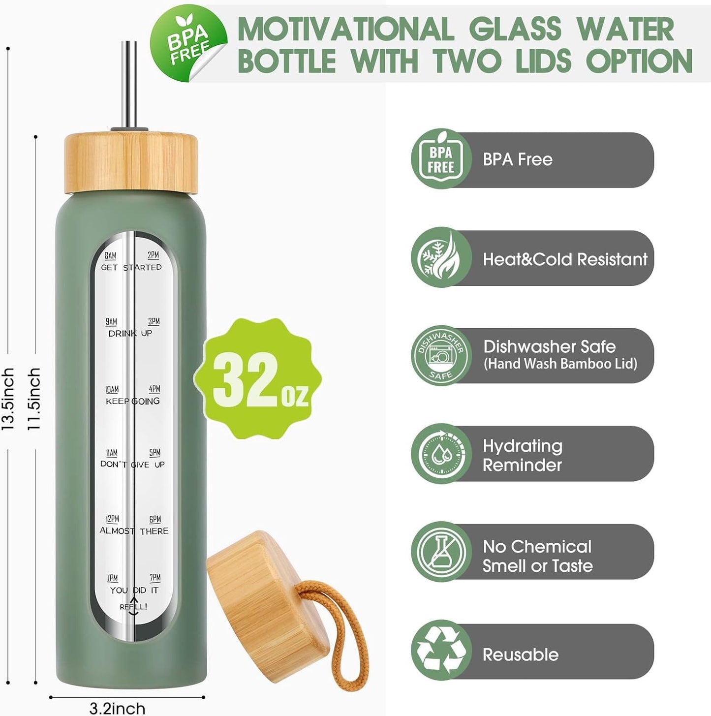 SipZest 32 oz Glass Water Bottle with Straw - Motivational Time Marker & Silicone Sleeve - Reusable Tumbler Includes 2 Bamboo Lids & Fruit Infuser - 1 Pack