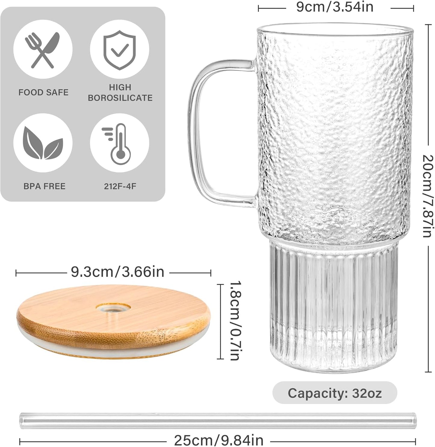32oz Ribbed Borosilicate Glass Tumbler with Handle, Bamboo Lid and Straw, Iced Coffee Cup Modern Glass Mug for Hot/Cold Drinks, Smoothies, Tea, and Juice (Clear-1 Pack)