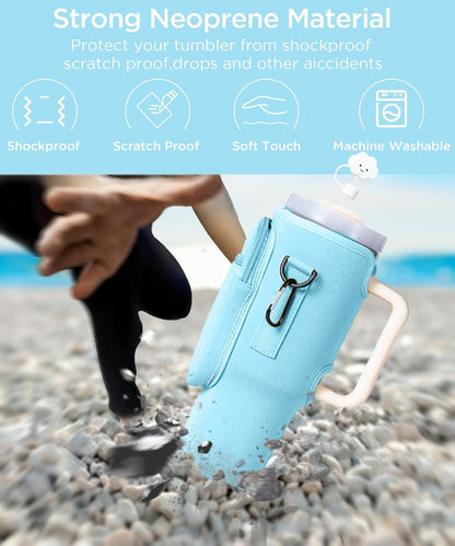dabria Water Bottle Carrier Bag with Phone Pocket for Stanley 40/30 oz Tumbler Neoprene Water Bottle Holder Pouch with Adjustable Strap Bollus with Straw Cover for Stanley Cup Accessories