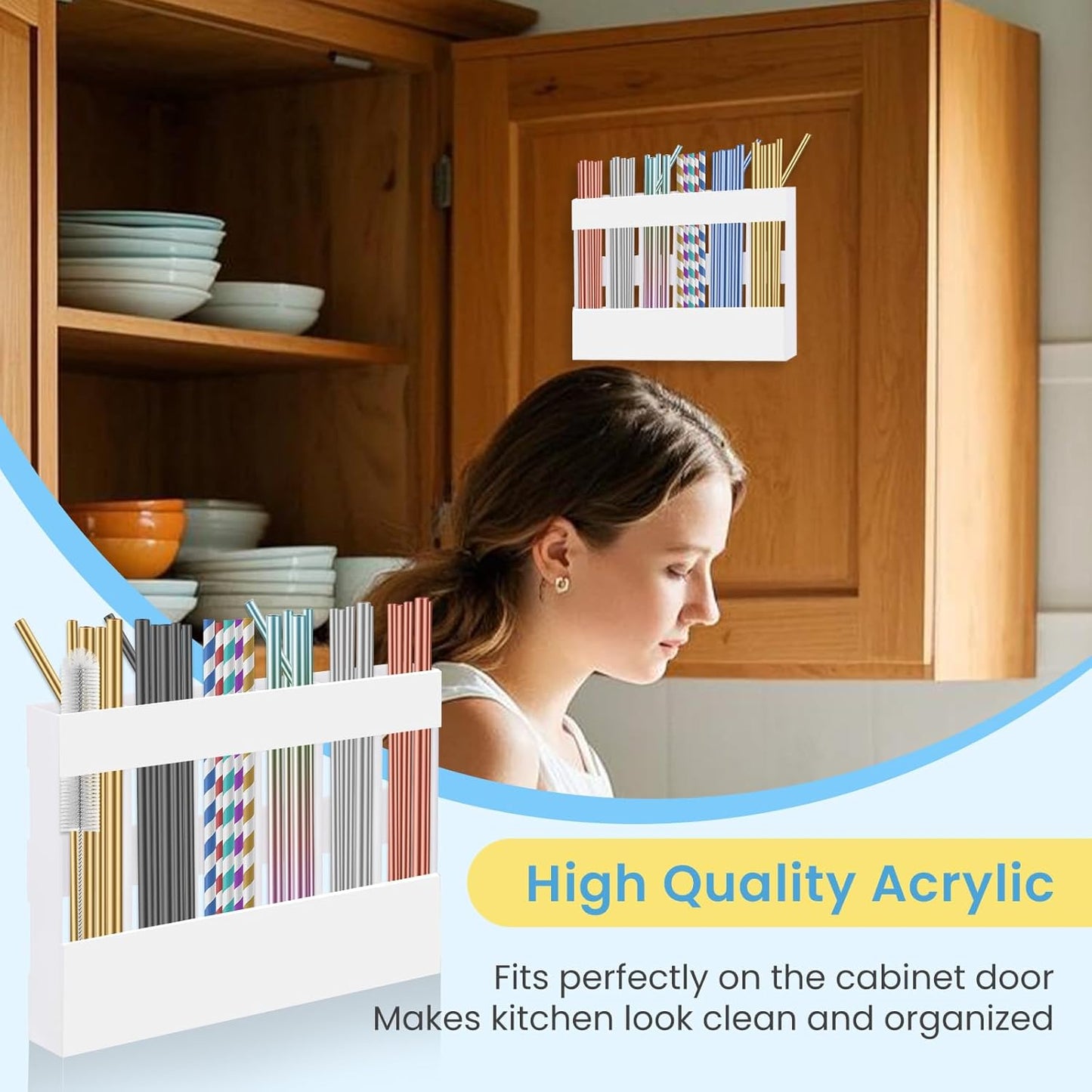 Acrylic Straw Holder for Cabinet, Reusable Straw Organizer with Double Sided Adhesive Tape Tumbler Straws Storage Container for Cupboard Drinking Straws Dispenser for Kitchen Counter (Transparent)