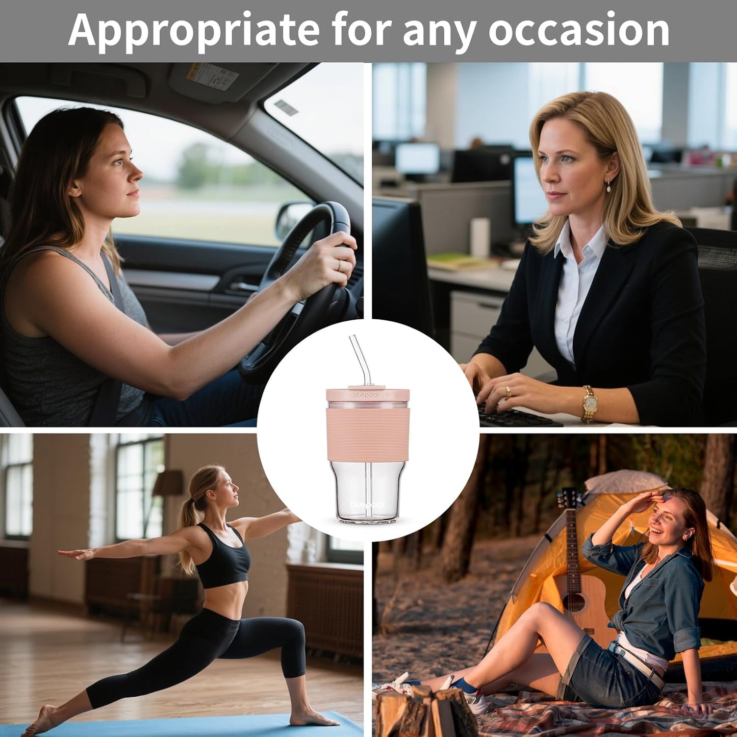BLUEPOLAR 16oz/480ml Iced Coffee Cups With Lids And Straws,Reusable Leakproof Glass Tumbler,Water Bottles,Cold Brew,Drinking Jars For Juicing,Matcha,Tea,Smoothie For Travel,Office (Off-White)