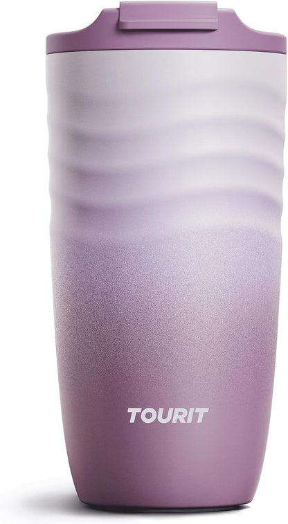 TOURIT 16 oz Travel Coffee Mug, Vacuum Insulated Stainless Steel Tumbler with Ripple-Wave Anti-Slip Grip, Built-in Silicone Bottom for Quiet & Stable, Leak-Proof Lid, Fits Car Cup Holder, Khaki