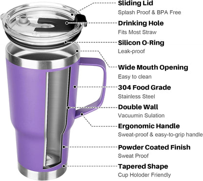 20 oz Tumbler with Handle, Stainless Steel Insulated Tumbler with Lid and Straw, Double Wall Vacuum Coffee Mug Tumbler, Insulated Coffee Thermal Cup for Cold and Hot (Light Purple)