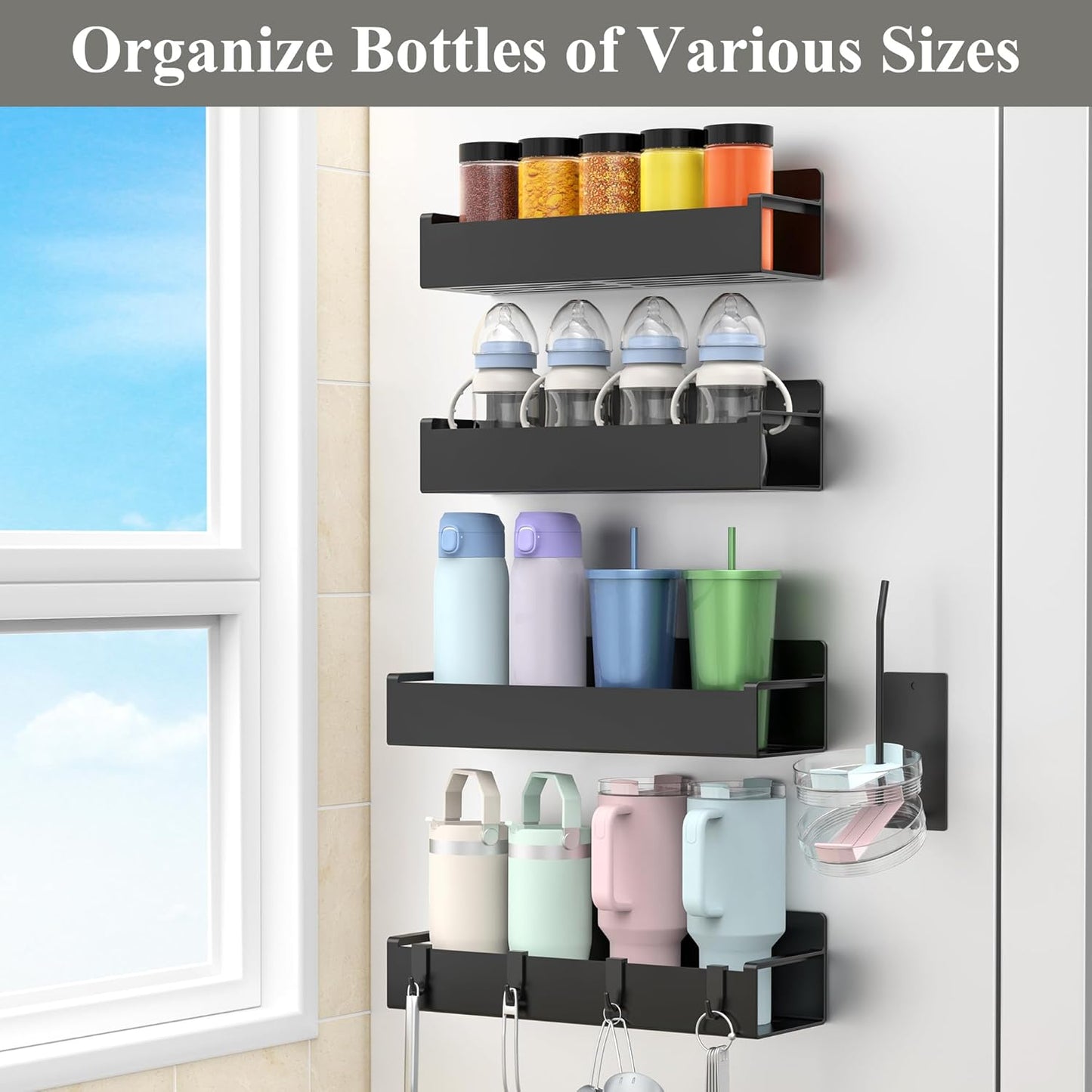 HuggieGems Magnetic Water Bottle Holder for Refrigerator, Cup Holder Organizer for Stanley and Tumbler for Kitchen, 4 Pack, Black